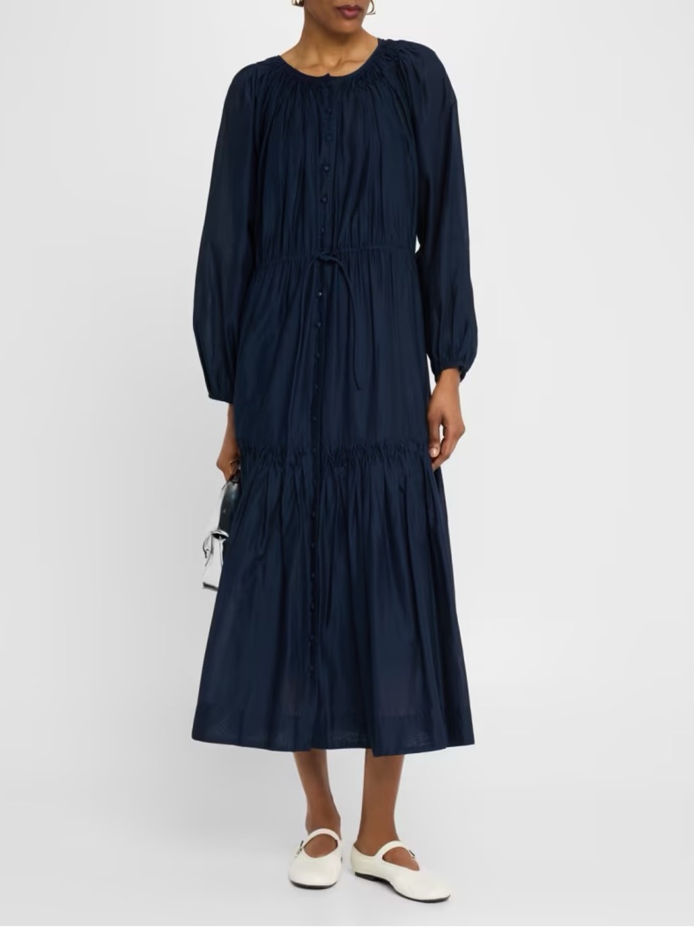 Merlette Navy Button-Front Tiered Maxi Dress
